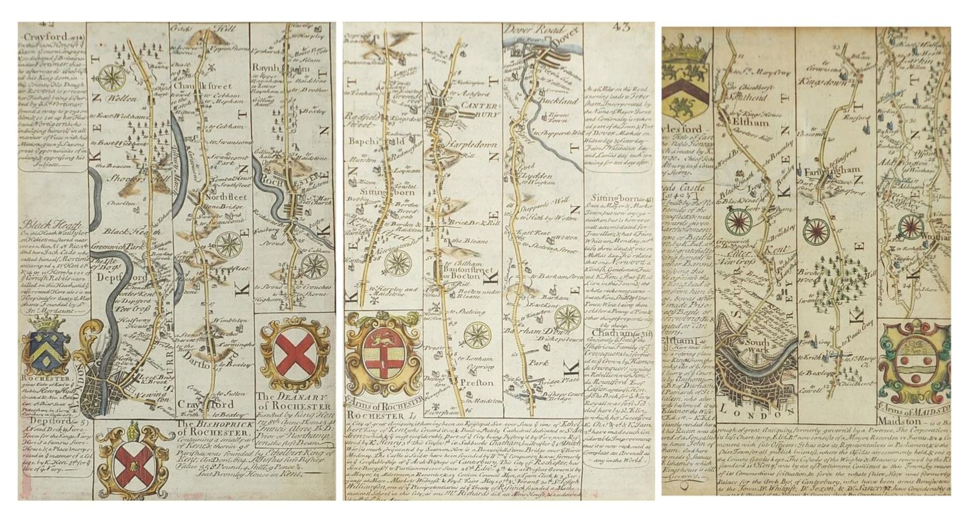 Three antique hand coloured road maps including two by John Owen Emmanuel Bowen, mounted, framed and