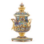 Miniature Russian silver gilt and enamel samovar, impressed marks to the base, 10.5cm high, 158.5g :