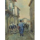 Street scene with figures and cows, St Ives school oil on board, mounted and framed, 34cm x 25cm
