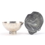 German Art Nouveau maiden head pewter dish and a Danish white metal footed bowl, the largest 16cm in