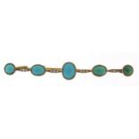 Antique unmarked gold cabochon turquoise and diamond bar brooch, 6.5cm wide, 4.2g : For Further