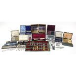 Collection of silver plated and stainless steel cutlery including some sets arranged in fitted