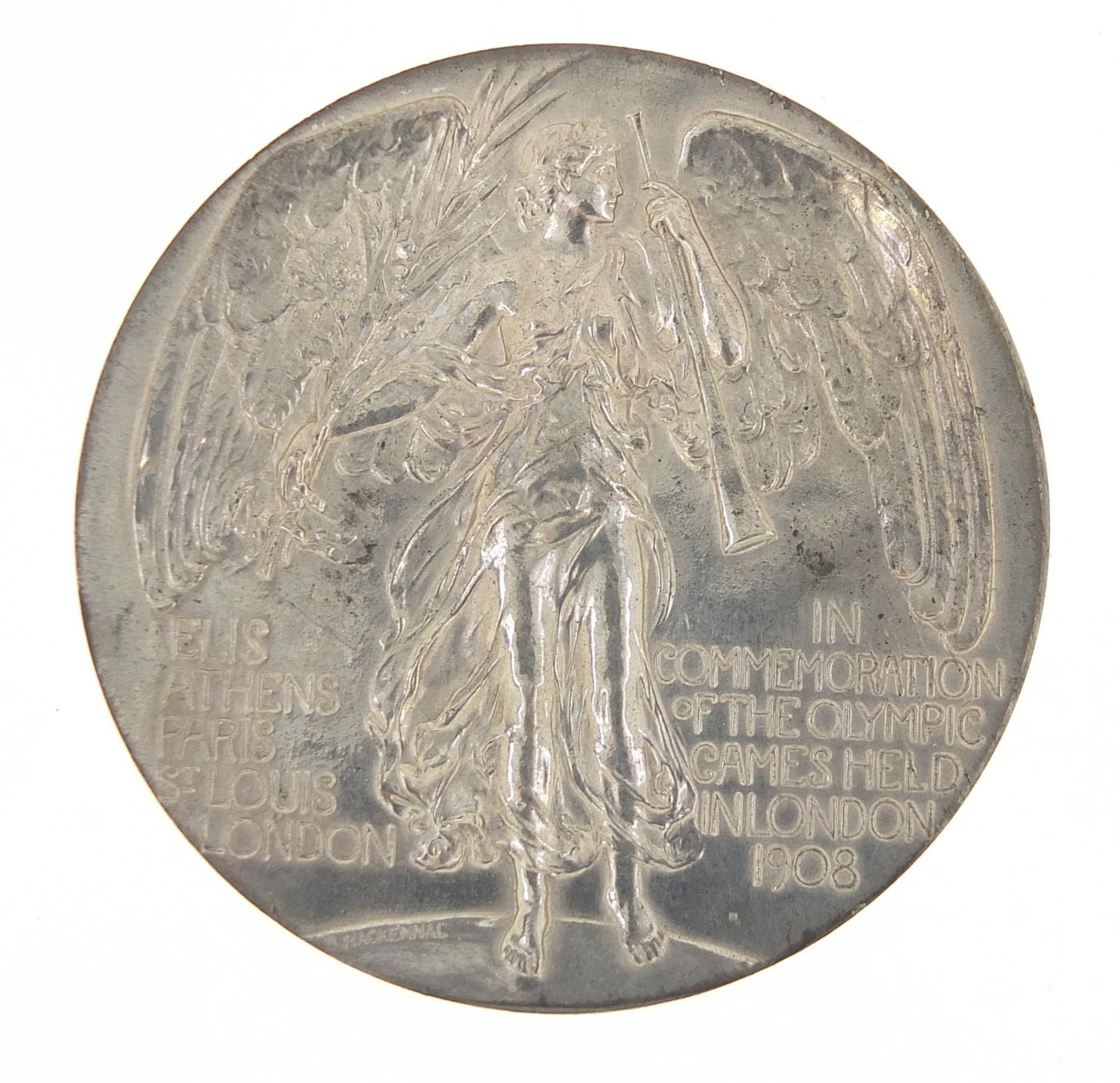 London 1908 Olympics commemorative silvered medallion designed by B Mackennal, previously owned by - Image 2 of 2