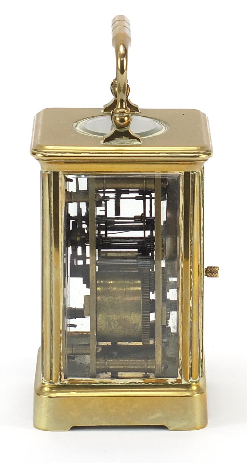 19th century brass cased carriage alarm clock with enamel dial having Roman and Arabic numerals, - Image 3 of 10