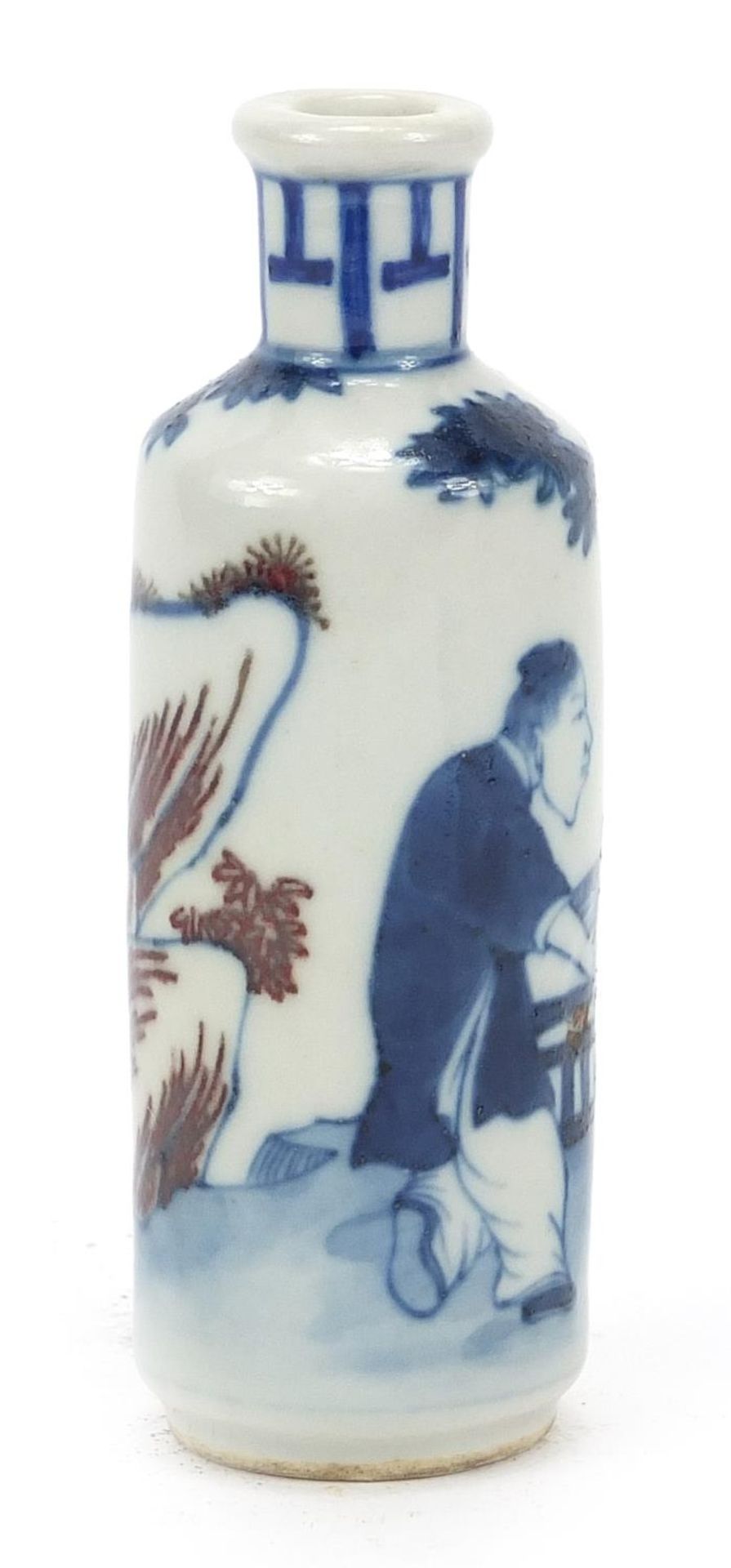 Chinese blue and white with iron red porcelain snuff bottle hand painted with figures in a - Image 4 of 9