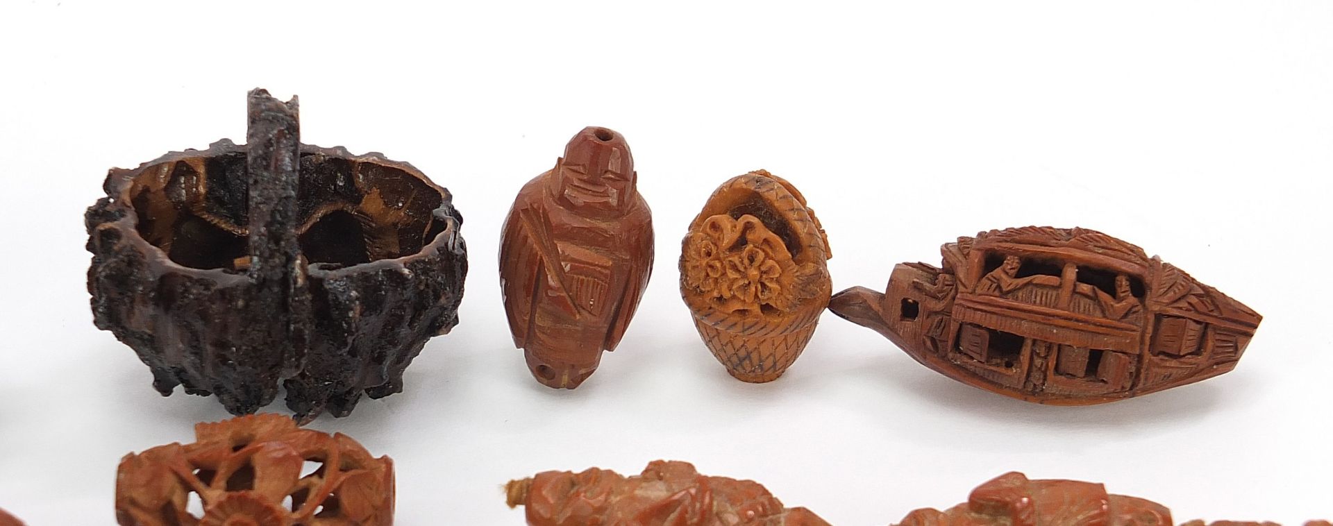 Chinese carved coquilla nuts and a walnut basket including a scent bottle with stopper, bead - Image 3 of 9