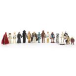 Fifteen vintage Star Wars action figures with accessories including Luke Skywalker, Chewbacca,