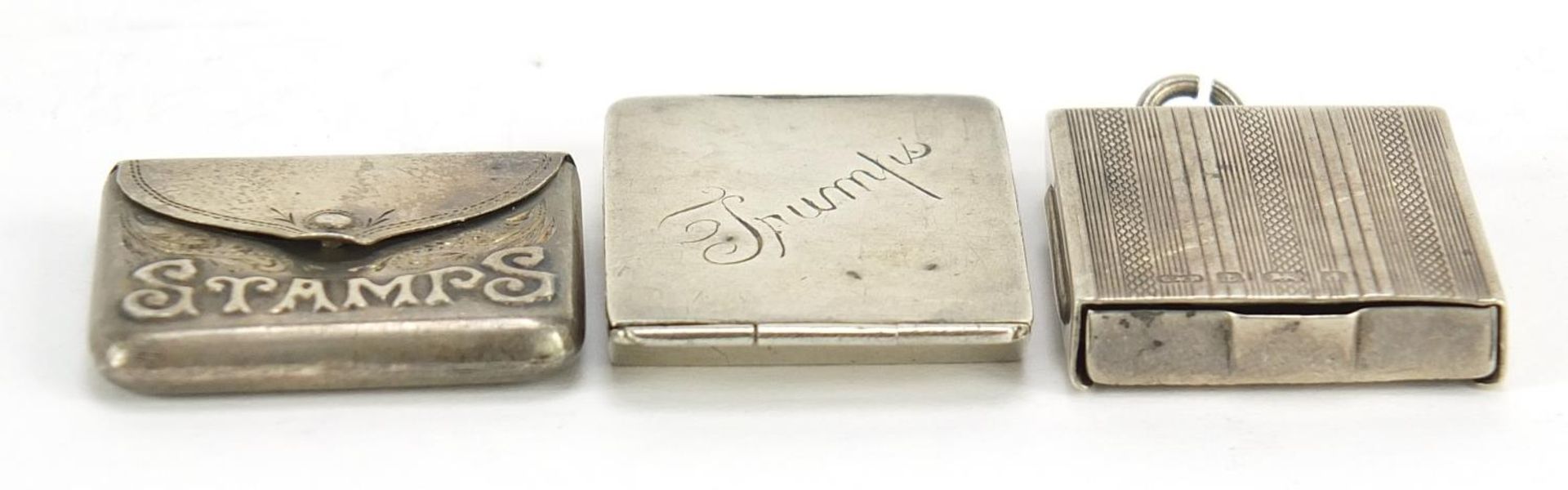 Three Victorian and later silver stamp cases and a trumps marker, various hallmarks, the largest 3. - Image 4 of 5