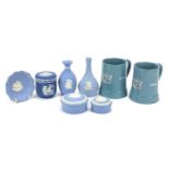 Selection of Wedgwood blue and white Jasperware and a pair of Wade BOAC tankards, the largest 12.5cm