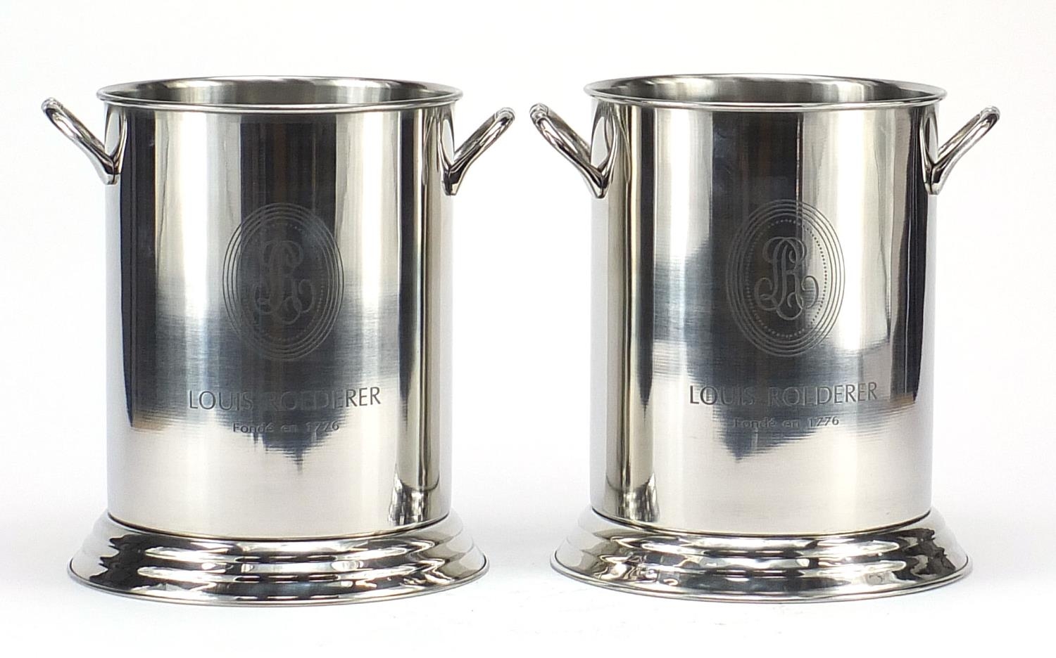 Pair of Louis Roederer design Champagne ice buckets with twin handles, 24.5cm high : For Further