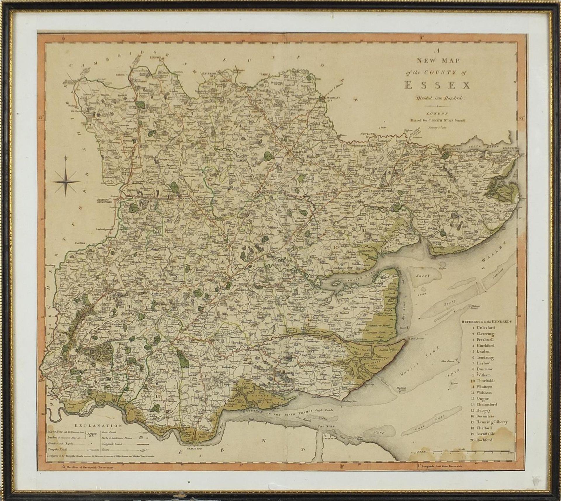 Early 19th century hand coloured map of Essex, mounted, framed and glazed, 49.5cm x 44.5cm excluding - Bild 3 aus 6