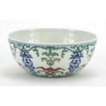 Chinese doucai porcelain bowl hand painted with bats amongst foliate scrolls, six figure character