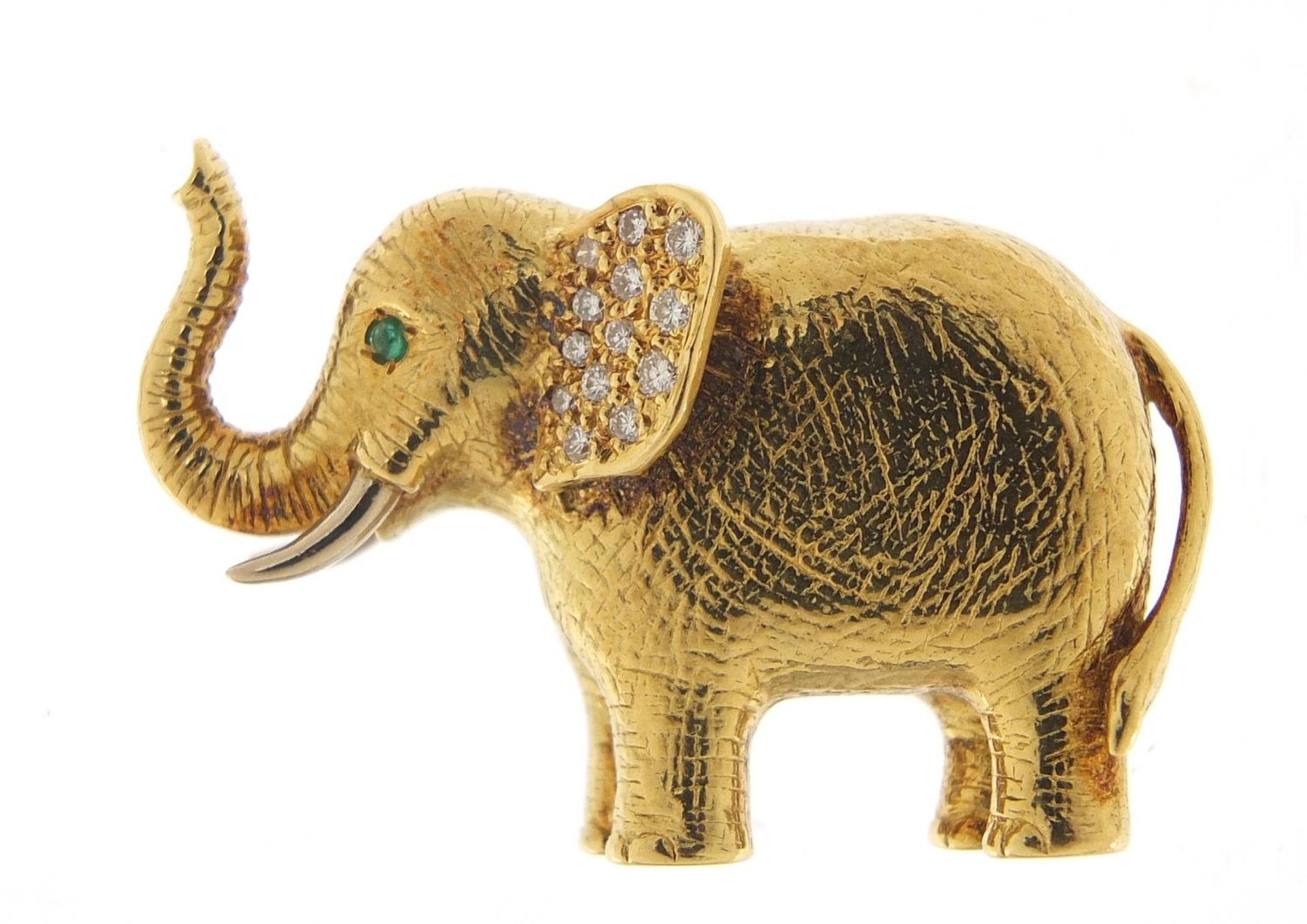 18ct gold and diamond elephant brooch, E W & Co maker's mark, 3.5cm wide, 20.0g : For Further