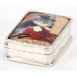 Rectangular sterling silver pill box, the hinged lid enamelled with a kitten with a ball of yarn,