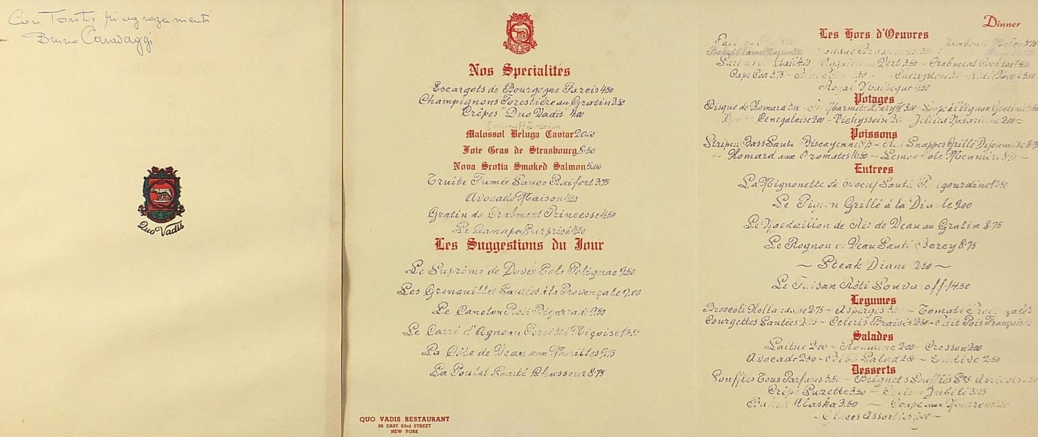 Six vintage menus including Quo Vadis Restaurant, some with signatures, the largest overall 81cm x - Image 14 of 18