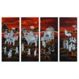 Warriors and animals, set of four Chinese lacquered panels with mother of pearl inlay, each 48.5cm x