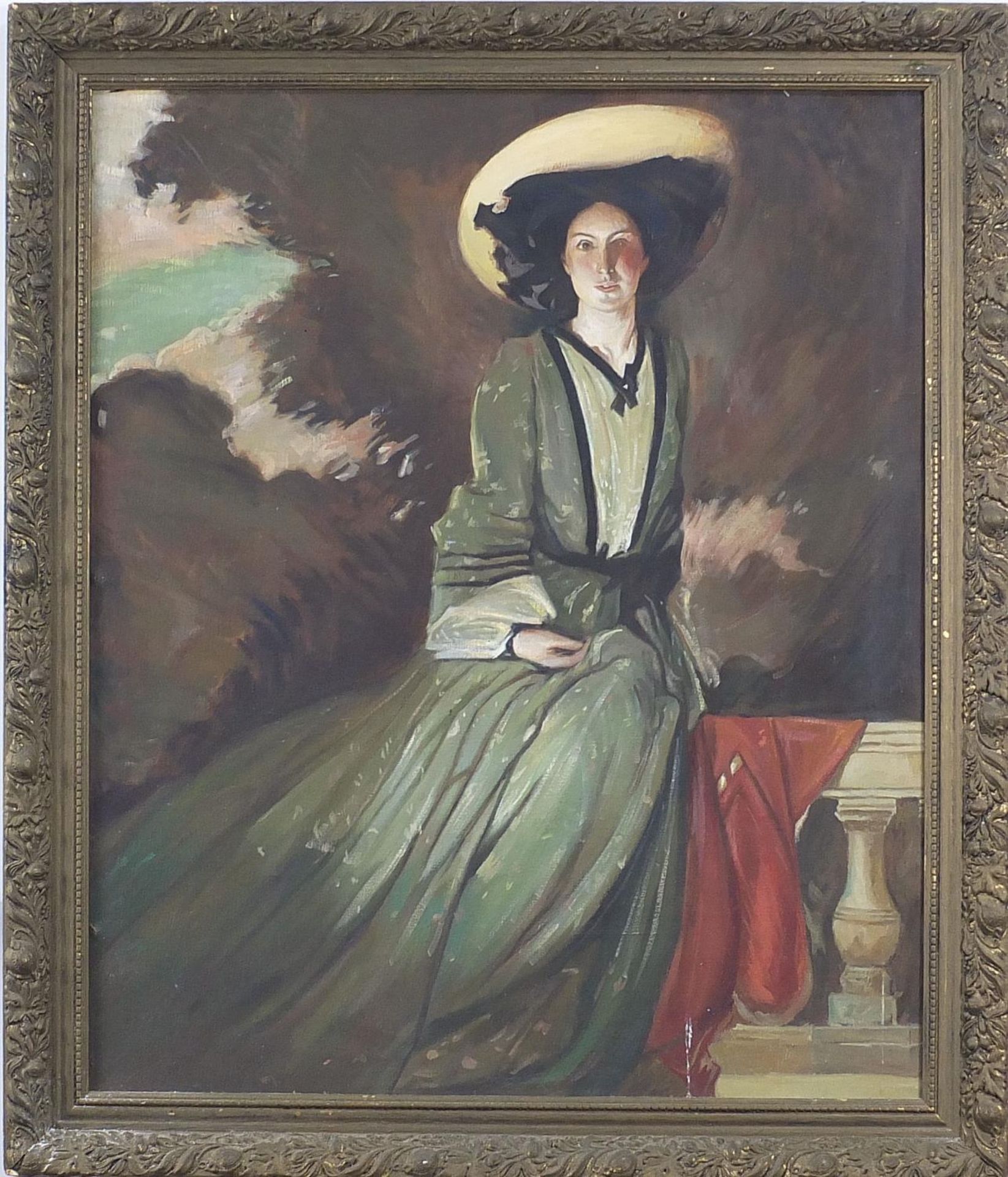 Seated lady in Edwardian dress, oil on board, mounted and framed, 73.5cm x 61cm excluding the - Image 2 of 3