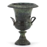 Classical patinated bronze campana urn with twin handles, 15cm high : For Further Condition