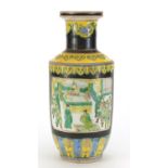 Chinese porcelain Rouleau vase hand painted in the famille noire palette with figures in a palace