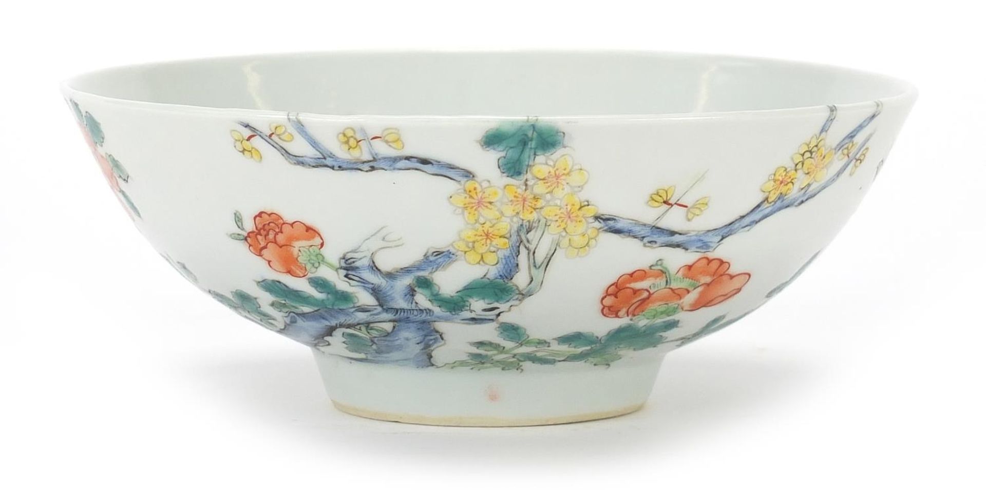 Chinese porcelain bowl hand painted in the famille rose palette with flowers, six figure character