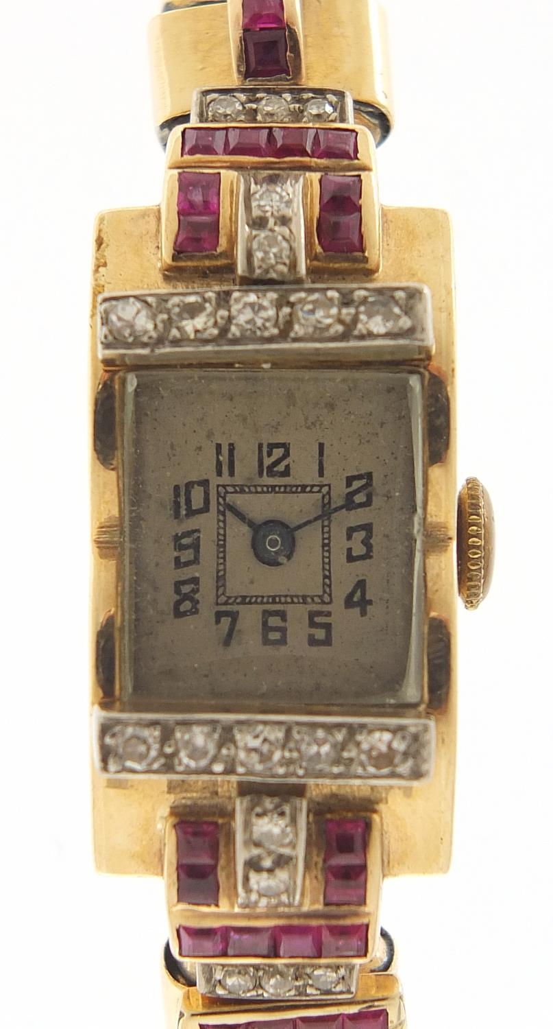 Art Deco ladies unmarked gold, diamond and ruby cocktail watch, (tests as 15ct gold +) the case 15mm