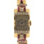 Art Deco ladies unmarked gold, diamond and ruby cocktail watch, (tests as 15ct gold +) the case 15mm