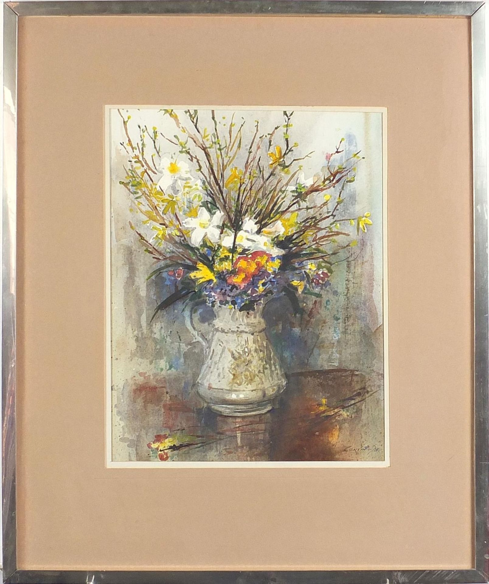 John Corvin 1978 - Still life flowers in a jug, watercolour, mounted, framed and glazed, 35cm x 26. - Image 2 of 5