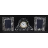 Waterford Crystal mantle clock and pair of French crystal photo frames, the largest 18.5cm wide :