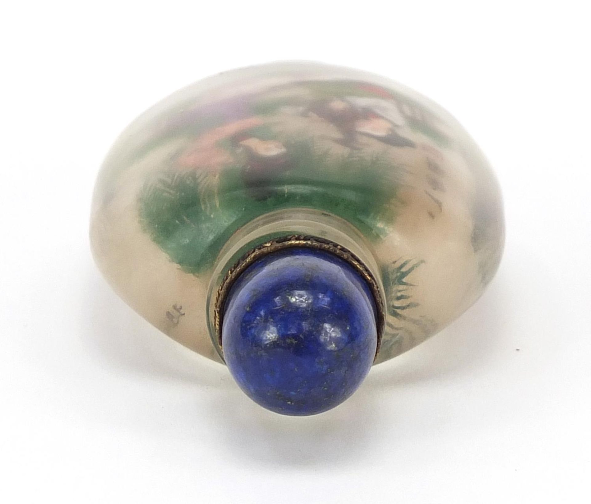 Chinese glass snuff bottle with hardstone stopper, internally hand painted with females, 10.5cm high - Image 5 of 7