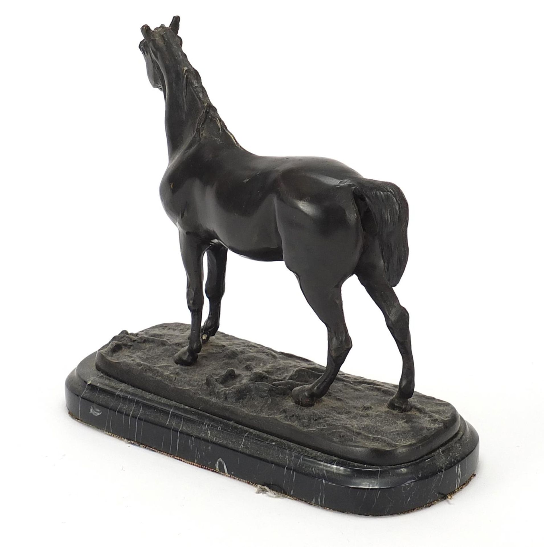After Pierre Jules Mene, French patinated bronze sculpture of a stallion raised on a shaped marble - Bild 2 aus 4