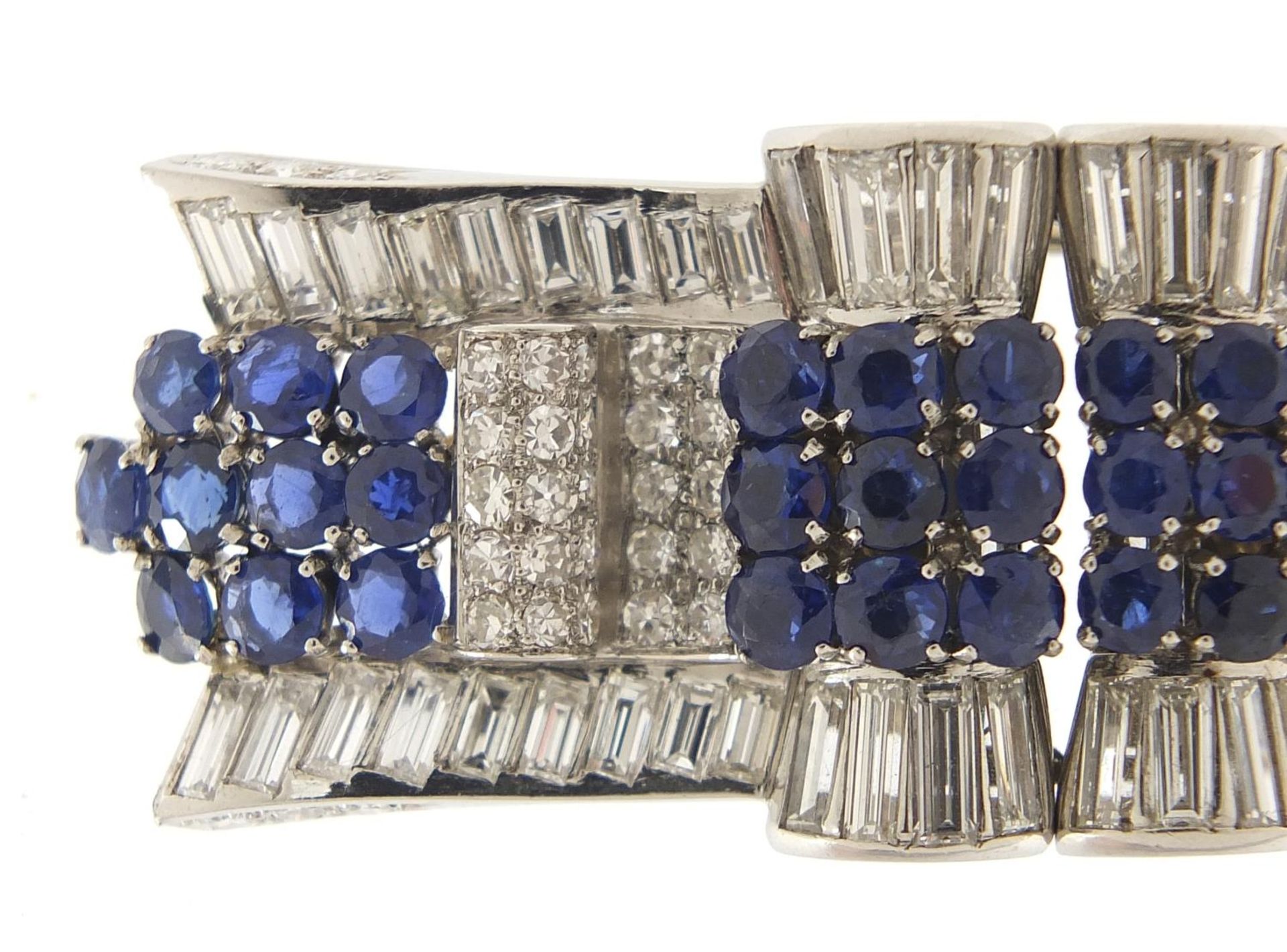 Good Art Deco diamond and sapphire three piece scarf clip brooch, A & M maker's mark, 6cm wide, 32. - Image 3 of 21