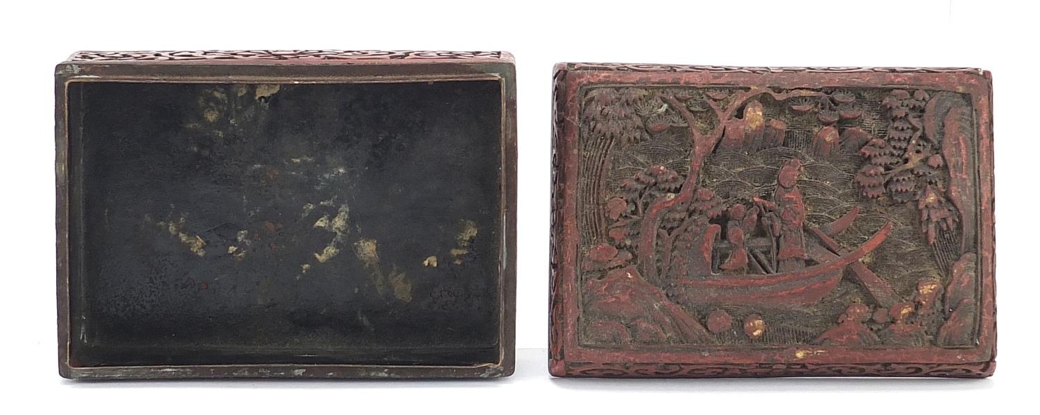 Chinese cinnabar lacquer plate and box with cover, each carved with figures, the largest 21cm in - Image 6 of 10