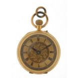 18ct gold ladies open face pocket watch with ornate dial and chased case, 29mm in diameter, 19.