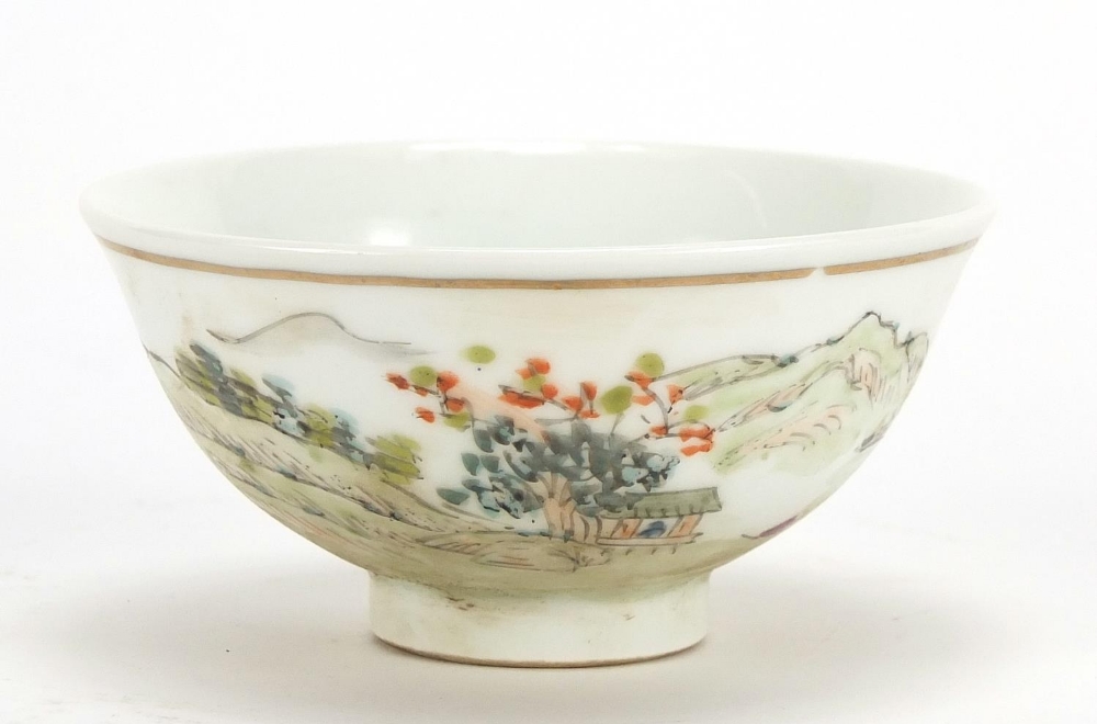 Chinese porcelain bowl hand painted with a landscape, character marks to the base, 9.5cm in diameter