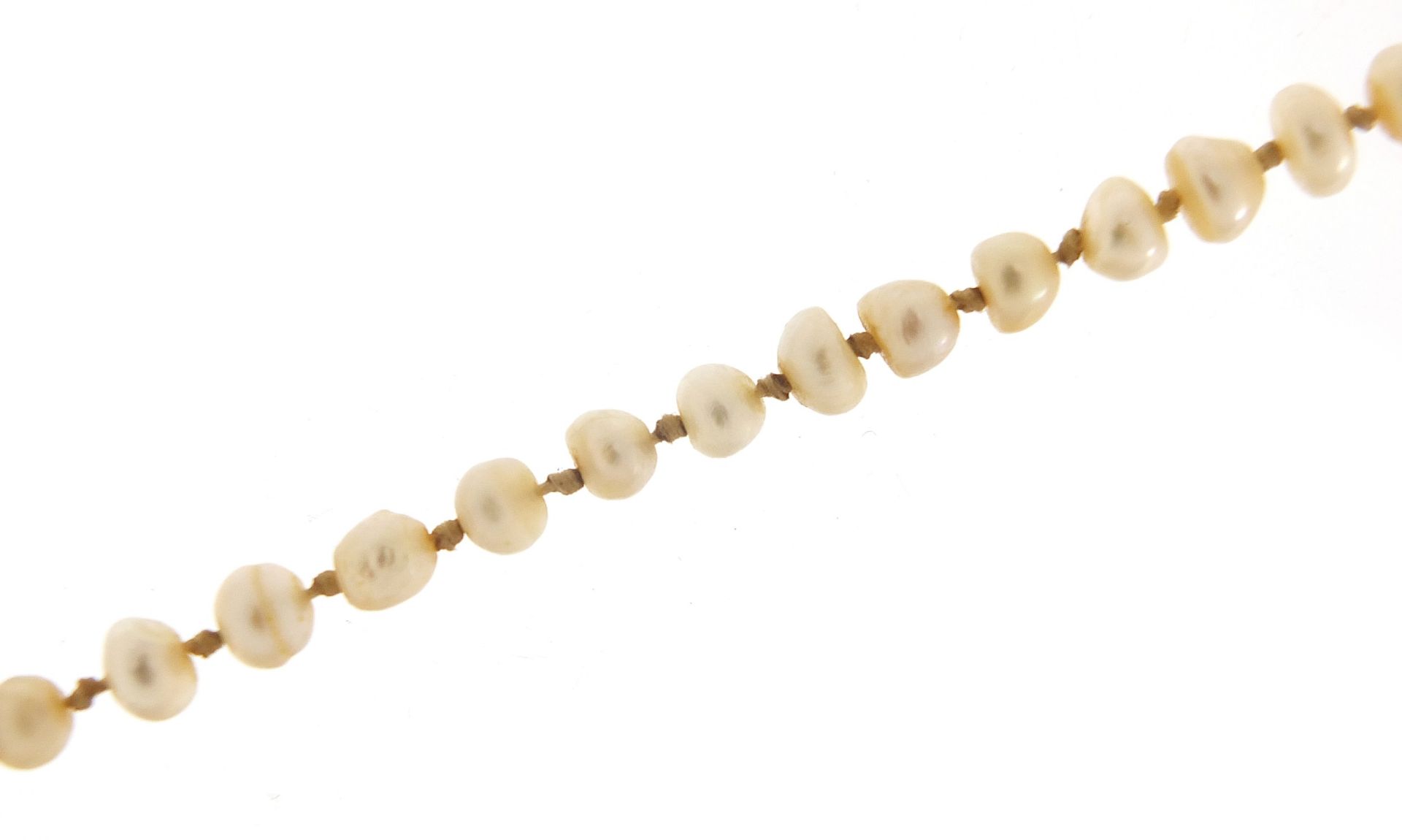 Antique graduated pearl necklace with 9ct gold clasp, housed in a tooled leather box, 42cm in length