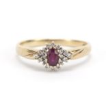 9ct gold ruby and diamond cluster ring, size R, 2.7g : For Further Condition Reports Please Visit