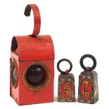 Vintage railway lantern and two barge wear hand painted cast iron weights, the lantern 38cm high :