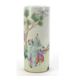 Chinese porcelain cylindrical vase hand painted in the famille rose palette with two figures in a