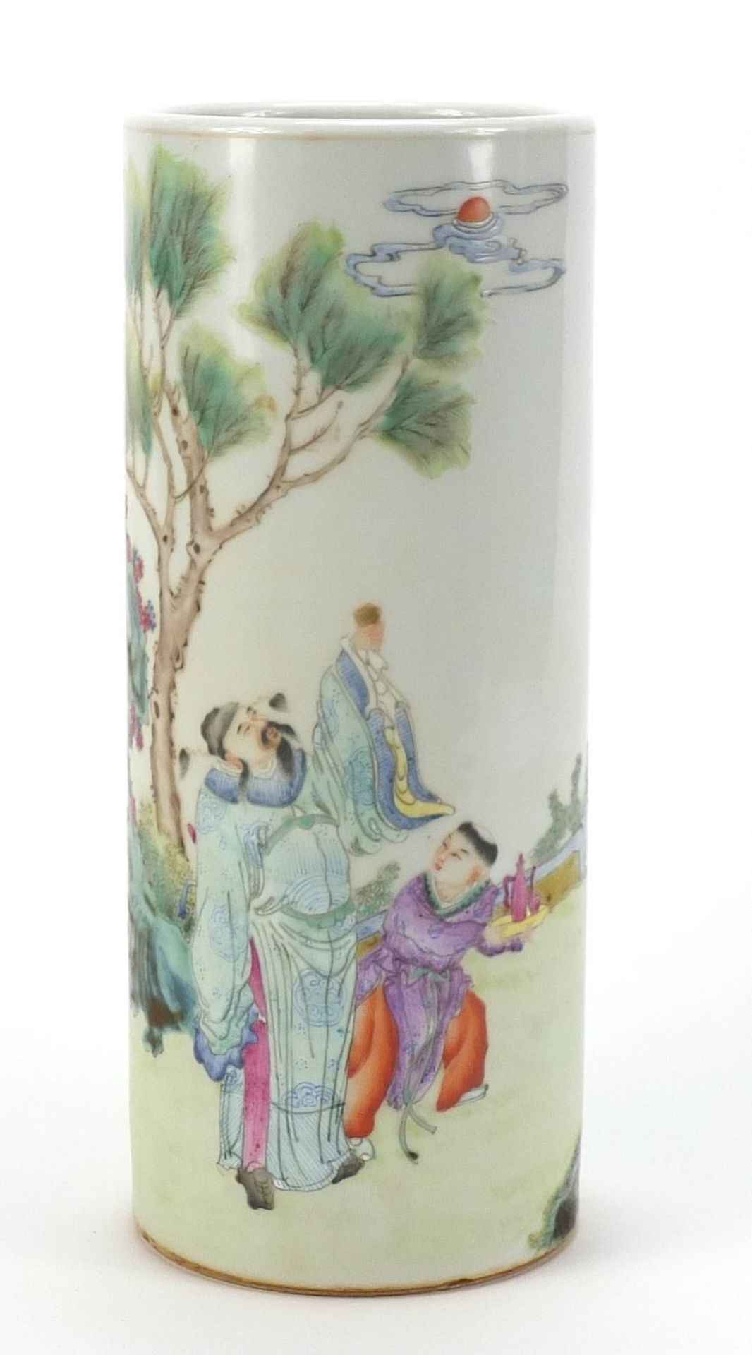 Chinese porcelain cylindrical vase hand painted in the famille rose palette with two figures in a