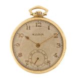 Bulova, gentlemen's 10ct rolled gold open face pocket watch with subsidiary dial, 44mm in diameter :