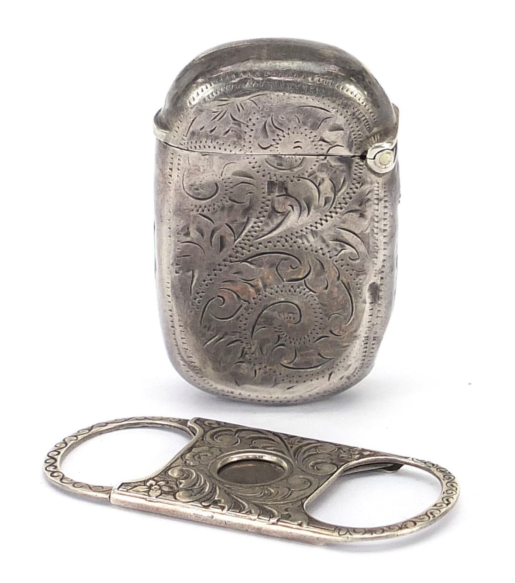 Edwardian silver vesta and sterling silver cigar cutter, the vesta hallmarked Birmingham 1909, the - Bild 5 aus 5