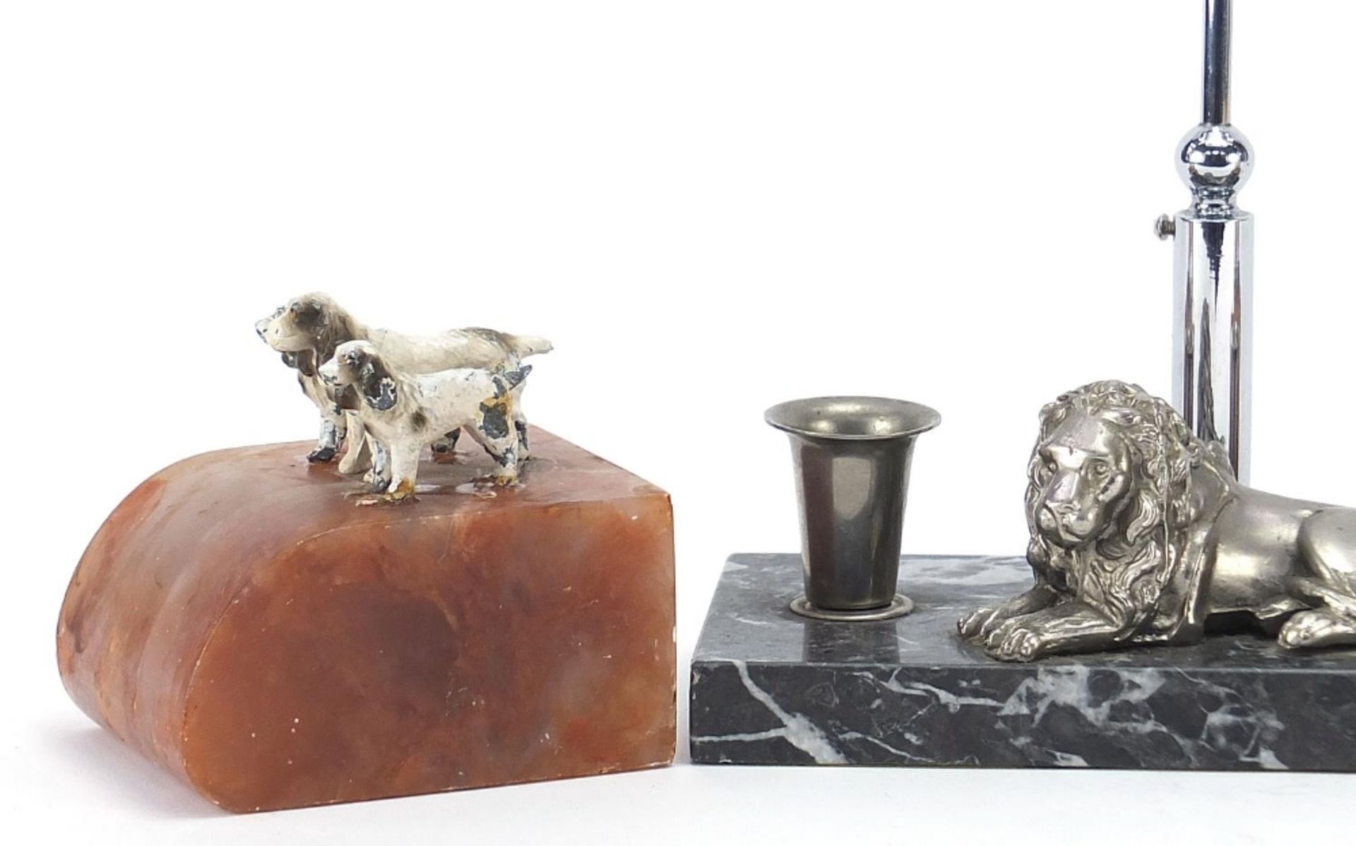 Pair of cold painted onyx dog design bookends and a lion design desk stand, the largest 19.5cm - Image 2 of 5