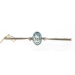Antique unmarked gold blue stone and diamond bar brooch, possibly aquamarine, 6cm wide, 5.0g : For