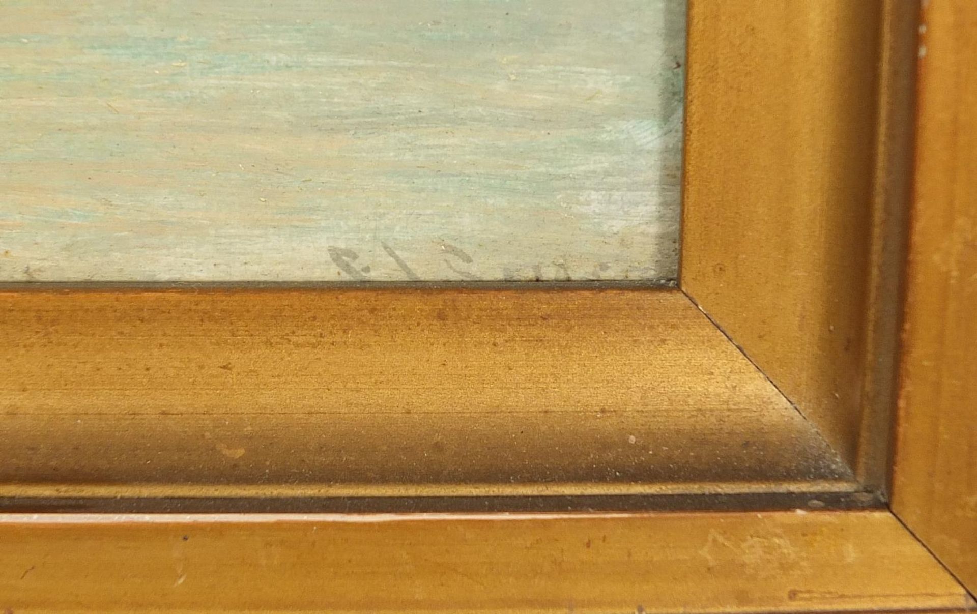 Boats on water and beach scene, pair of maritime oil on boards, each bearing an indistinct - Image 4 of 9