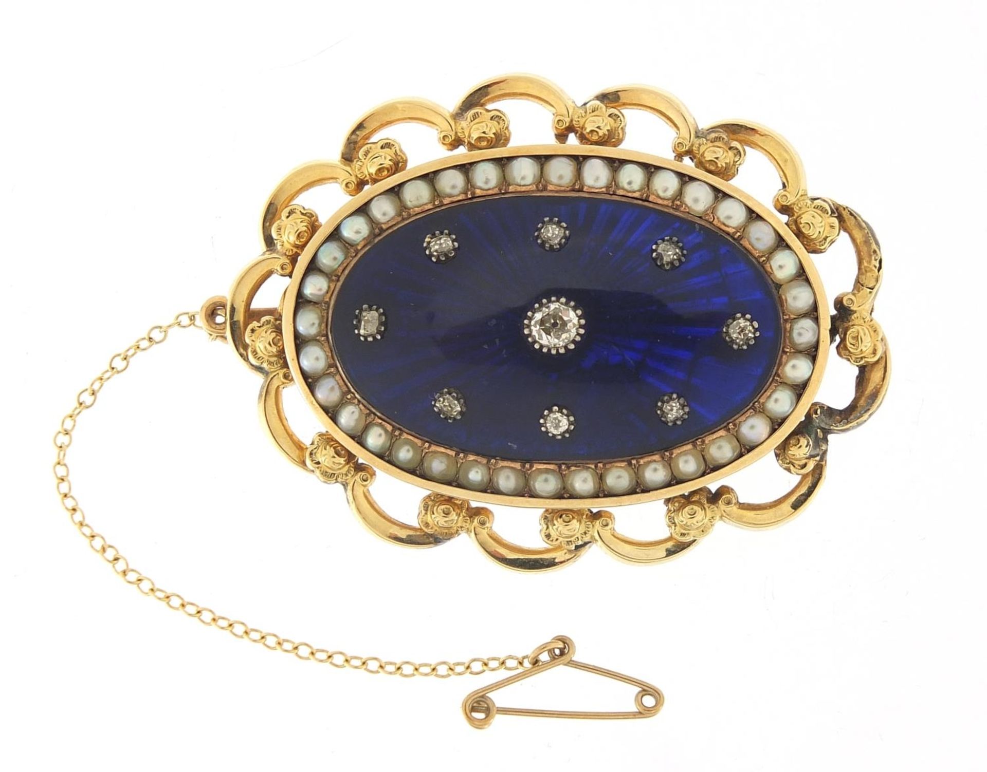 Antique unmarked gold, diamond, seed pearl and blue enamel brooch, the central diamond approximately - Image 2 of 3