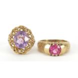 Two 9ct gold rings set with purple and pink stones, sizes O and U, 11.7g : For Further Condition