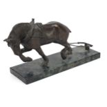 Patinated bronze workhorse raised on a rectangular green marble base, 32cm in length : For Further