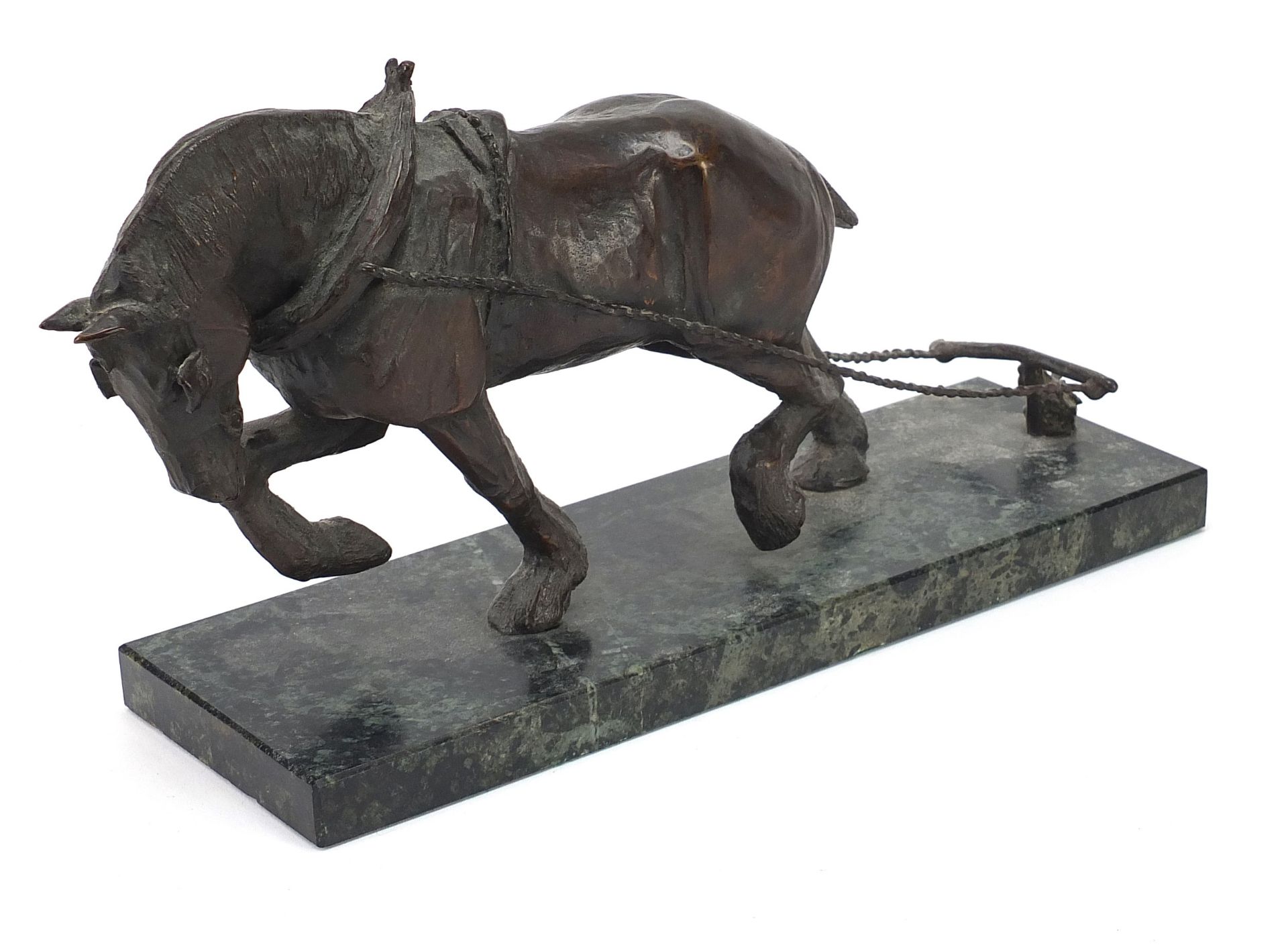 Patinated bronze workhorse raised on a rectangular green marble base, 32cm in length : For Further