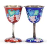 Pair of silver and guilloche enamel toasting cups, impressed marks to the bases, 10.5cm high, 188.5g