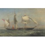 Frigate and sailing boat at sea, 18th/19th century maritime oil on canvas, framed and glazed, 53cm x